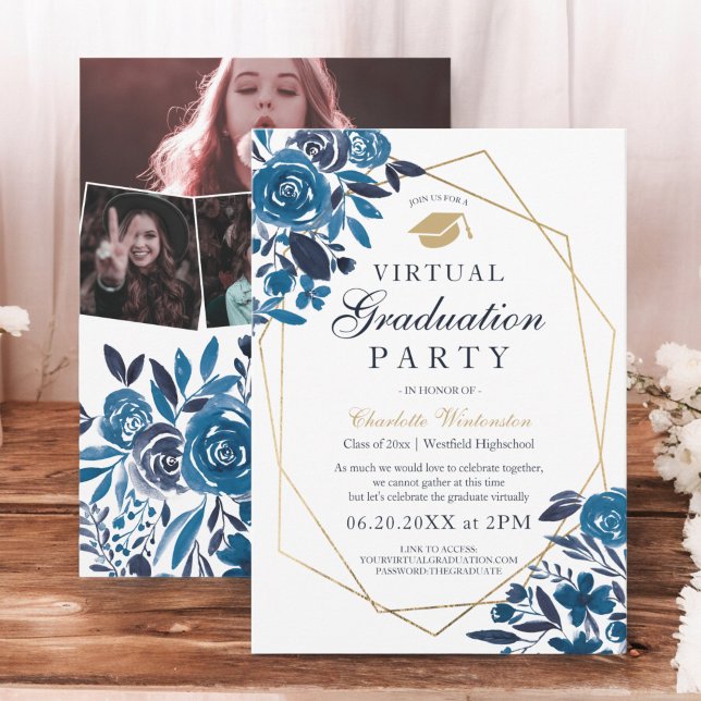 Convite Marinho com fotos de quadro dourado virtual Gradua (Navy floral gold frame photos virtual Graduation Invitation)
