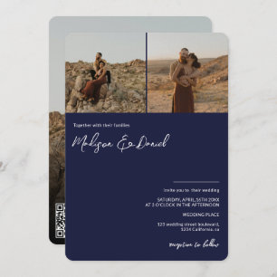 Convite marinho com nomes de script azuis 3 fotos qr códig