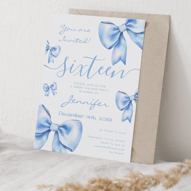 Convite Marinho Coquette Arco Azul Doce 16 Festa (Coquette Navy Blue Bow Sweet 16 Party Invitation)