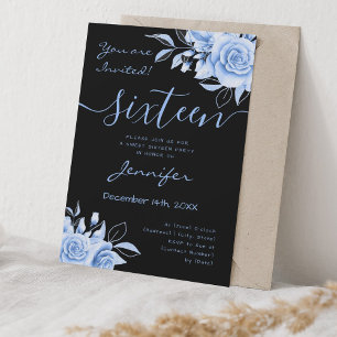 Convite Marinho Coquette Blue Sweet 16 Floral Glam Black