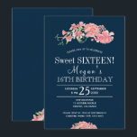 Convite Marinho cor-de-rosa pincelado pinheirinho doce flo<br><div class="desc">Na moda doce floral elegante 16/16 modelo convite de aniversário no azul escuro da meia-noite apresentando rosas de rosa claro. Preencha suas informações nos pontos, Você pode optar por personalizá-las, alterando ainda mais a cor do marinho de fundo, as fontes e as cores das letras. — O convite é adequado...</div>