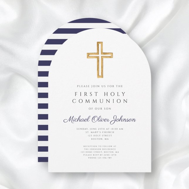 Convite Marinho Cruzado Religioso, Arco da Primeira Comunh (Religious Cross Navy Blue Boy First Communion Arch Invitation)