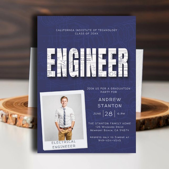 Convite Marinho da tecnologia de Engenheiro de formandos (college grad engineering engineer graduation ceremony party invitation navy blue technical science)