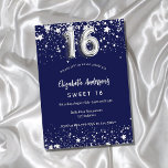 Convite marinho de 16 estrelas de prata, luxo<br><div class="desc">Um convite moderno,  na moda e glamouroso para uma doce festa de aniversário 16,  16. Um fundo azul marinho,  decorado com estrelas de falso prata. Personalize e adicione seu nome e detalhes da festa. O número 16 é escrito com uma fonte no estilo do balão.</div>