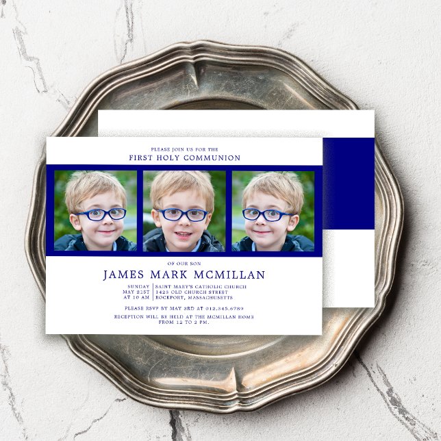 Convite Marinho de 3 Fotos da Primeira Comunhão de Foto do (Criador carregado)