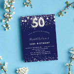 Convite marinho de 50 anos estrelas de prata azul glamouro<br><div class="desc">Um convite moderno,  na moda e glamouroso para a 50ª festa de aniversário. Um fundo azul marinho,  decorado com estrelas de falso prata. Personalize e adicione seu nome e detalhes da festa. O número 50 é escrito com uma fonte no estilo do balão.</div>