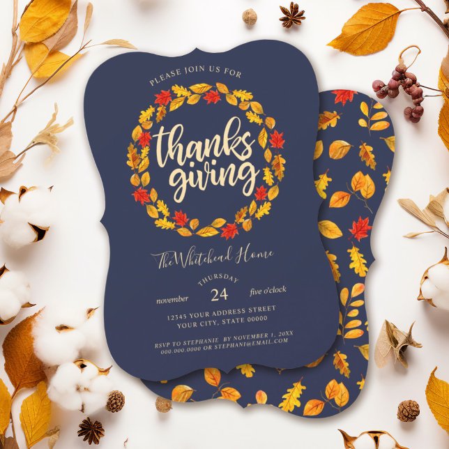 Convite Marinho de Ação de Graças Outono deixa coroa (Red and golden yellow leaf wreath Thanksgiving invitation with a leaf pattern watercolor background.)