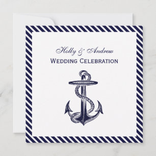 Convite Marinho de Âncora Náutica Stripe 2SQ Casamento