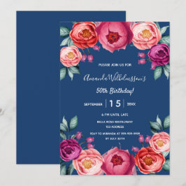 Convite Marinho de aniversário azul-floral rosa púrpura