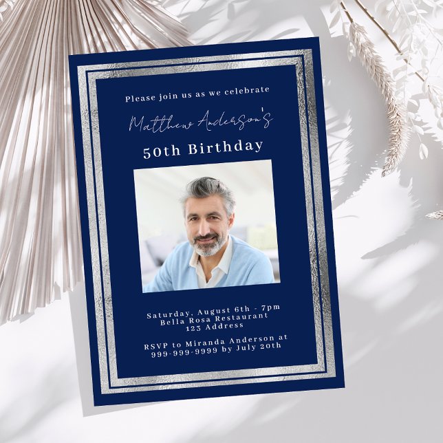 Convite Marinho de aniversário, foto de prata azul (Criador carregado)