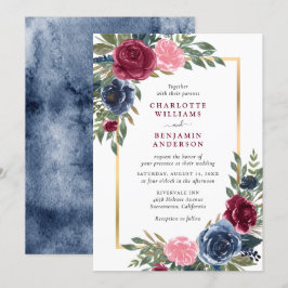 Convite Marinho de Aquarela Azul Borgonha Dourada Floral