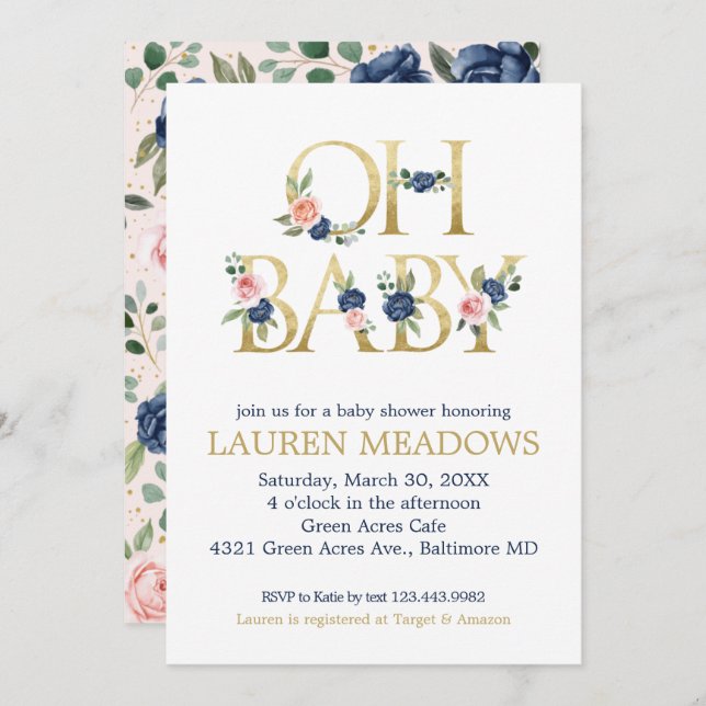 Convite Marinho de Aquarela Bebê e Chá de fraldas Floral C (Frente/Verso)