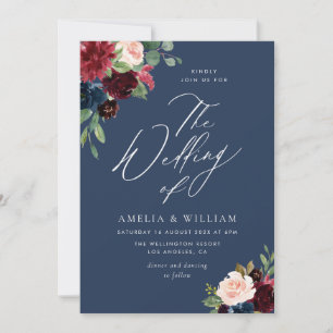 Convite marinho de aquarela, casamento burgundy e blush