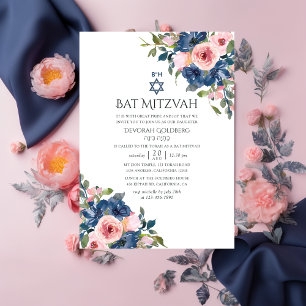 Convite Marinho de Aquarela e Bat Floral Blush Mitzvah