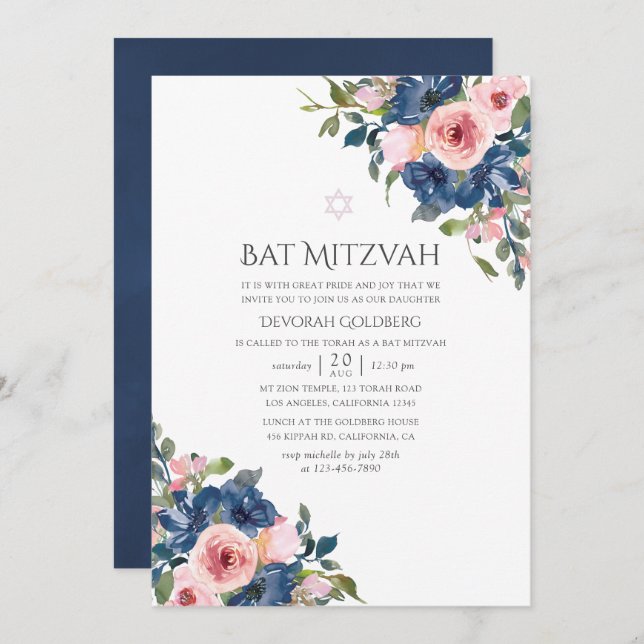 Convite Marinho de Aquarela e Bat Floral Blush Mitzvah (Frente/Verso)