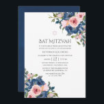 Convite Marinho de Aquarela e Bat Floral Blush Mitzvah<br><div class="desc">Tendy blush cor-de-rosa e azul-marinho floral 1º sindicato sagrado convida personalizável para suas especificações de evento.</div>