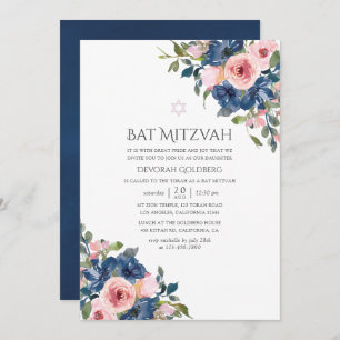 Convite Marinho de Aquarela e Bat Floral Blush Mitzvah