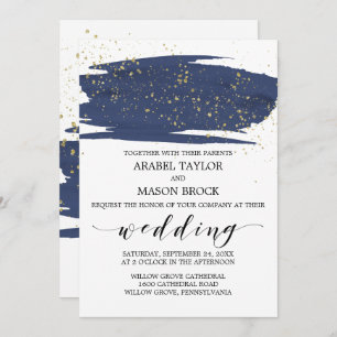 Convite Marinho de Aquarela e Casamento Dourado Sparkle