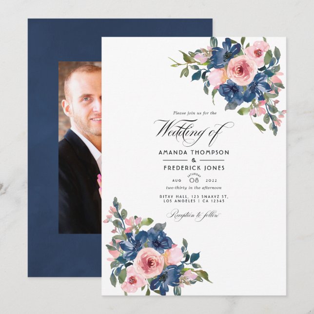 Convite Marinho de Aquarela e Foto Floral de Blush (Frente/Verso)