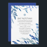 Convite Marinho de Aquarela Indigo Deixa Bat Mitzvah<br><div class="desc">O batismo foliar azul e branco marinho convida-o a ser rápido e facilmente personalizado de acordo com as suas especificações de evento.</div>