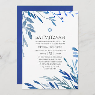 Convite Marinho de Aquarela Indigo Deixa Bat Mitzvah