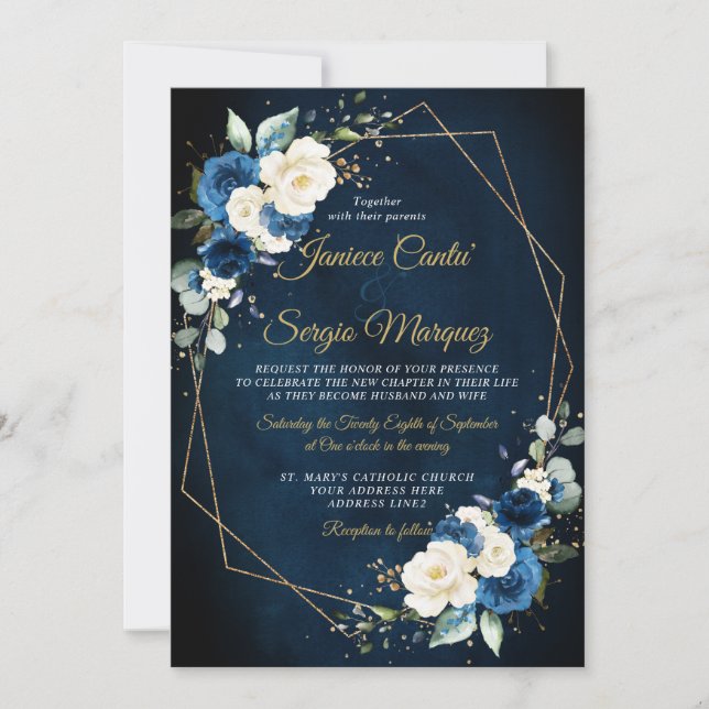 Convite Marinho de Aquarela Romântica Ivory Floral Geométr (Frente)