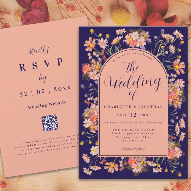 Convite Marinho de Arca Floral Elegante Casamento outono A (Elegant floral arch navy blue peach fall wedding invitation watercolor wildflowers stylish script)
