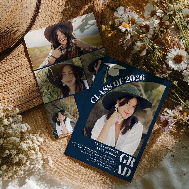 Convite Marinho de arco moderno azul 5 fotos graduadas (Modern arch navy blue 5 photos graduation invitation)