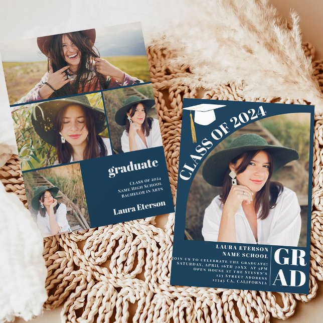 Convite Marinho de arco moderno azul 5 fotos graduadas (Modern arch navy blue 5 photos graduation invitation)