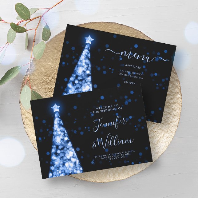 Convite Marinho de Árvore Festiva Xmas Menu de Casamento A (Festive Xmas Tree Navy Blue Wedding Menu Invitation)