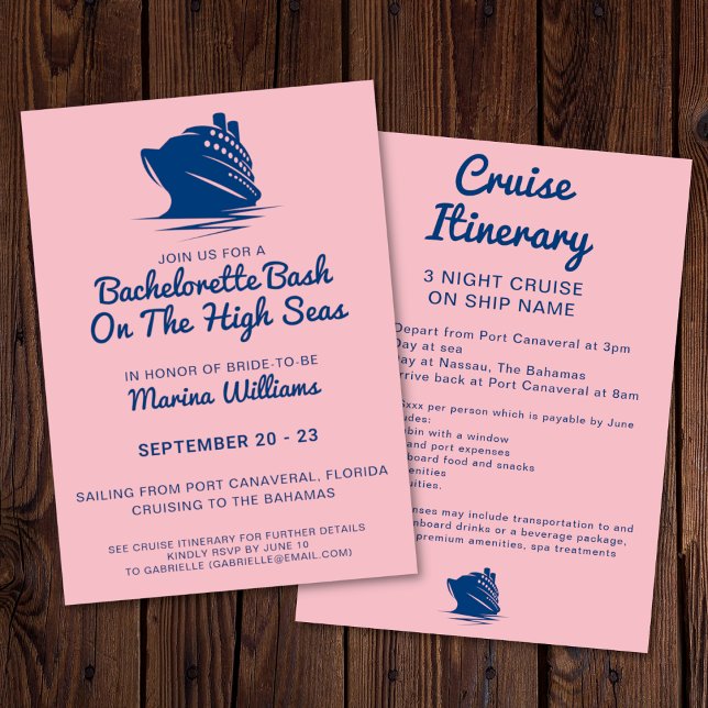 Convite Marinho De Barcos De Cruzeiro E Itinerário Rosa (Bachelorette cruise invitation with itinerary. In a navy and pink color palette. )