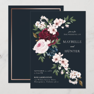 Convite Marinho de Borgonha Água Floral Elegante