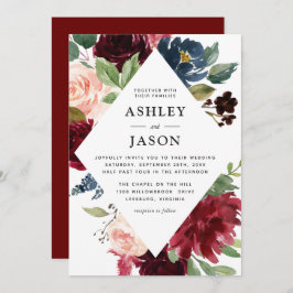 Convite Marinho de Borgonha e Casamento Geométrico Floral