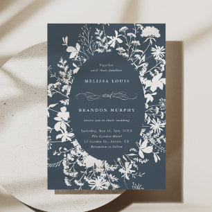 Convite Marinho de Casamento de Flores Selvagem Branca Azu
