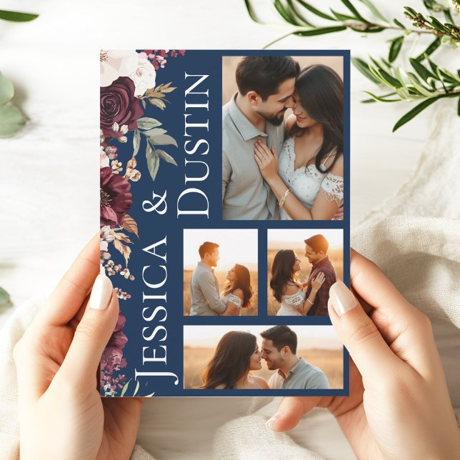 Convite Marinho de Colagem de Fotos Floral Burgundy Casame (Modern Burgundy Navy Blue Photo Collage Wedding Invitation)