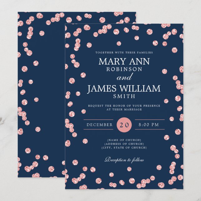 Convite Marinho de Confetti Dourado Rosa de Casamento Mode (Frente/Verso)