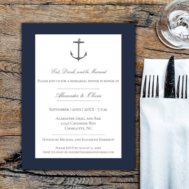 Convite Marinho de ensaio de âncora náutica simples,  Jant (Navy Simple Nautical Anchor Rehearsal Dinner Invitation)