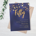Convite Marinho de estrelas de ouro azul, luxo de 50 anos<br><div class="desc">Um convite moderno e na moda para uma 50ª festa de aniversário para ele e para ela. Decorado com estrelas ouros. Fundo azul marinho e a palavra 50 escrita com letras douradas falsas grandes. A cor azul é irregular. Personalize e adicione um nome e detalhes da parte.</div>