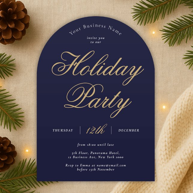 Convite Marinho de Férias Corporativas e Arco de Negócios  (Modern navy blue and hold Company Holiday Party Arch Invitation)