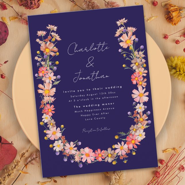 Convite Marinho de flor selvagem Casamento outono azul (Wildflower navy blue fall wedding invitation with watercolor dried flowers boho wreath)