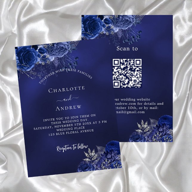 Convite Marinho de flores azuis Código QR RSVP casamento d (Criador carregado)