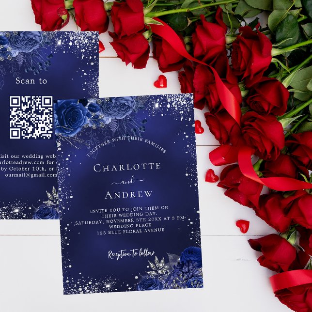 Convite Marinho de flores de prata azul QR RSVP casamento  (Criador carregado)