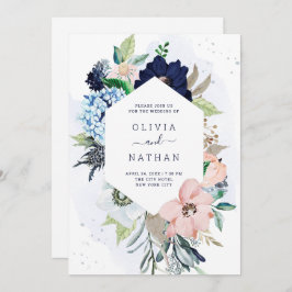 Convite Marinho de Flores Náuticas Casamento de Cor Azul e