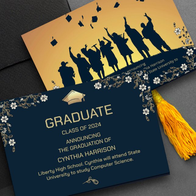 Convite Marinho de Fotografia Elegante Azul e Dourado Flor ("A touch of elegance for your gratitude! 🌷🎓 #partygraduat #floralaccents #navyandgoldpalette #navy)