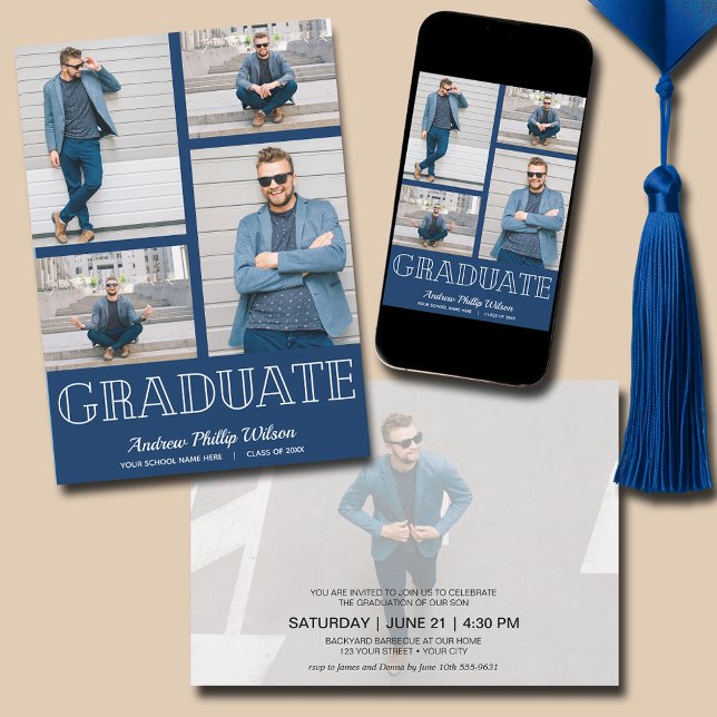 Convite Marinho de fotos 5 moderna azul (Navy Blue Modern Photo Graduation Invitations - PRINTED and/or INSTANT DOWNLOAD)