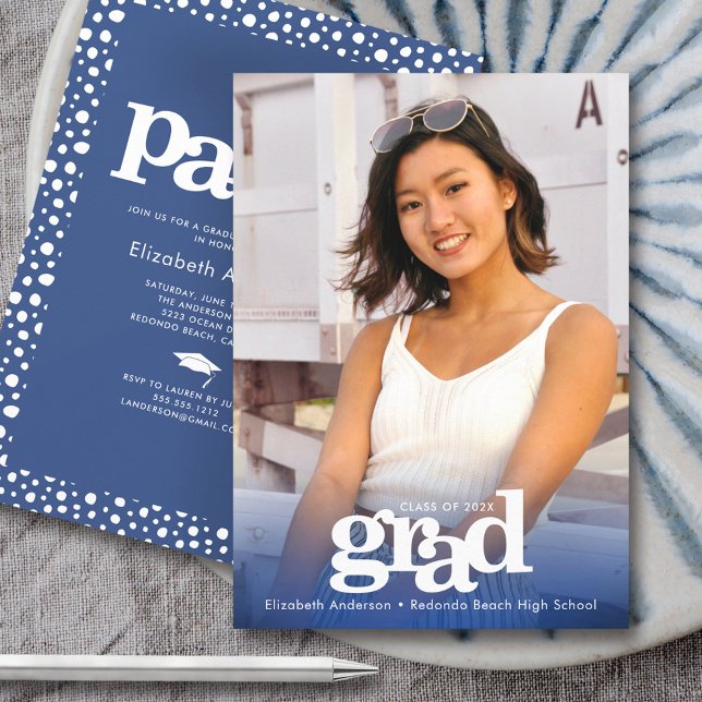 Convite Marinho de fotos azul, moderno formando ousado, pa (Criador carregado)