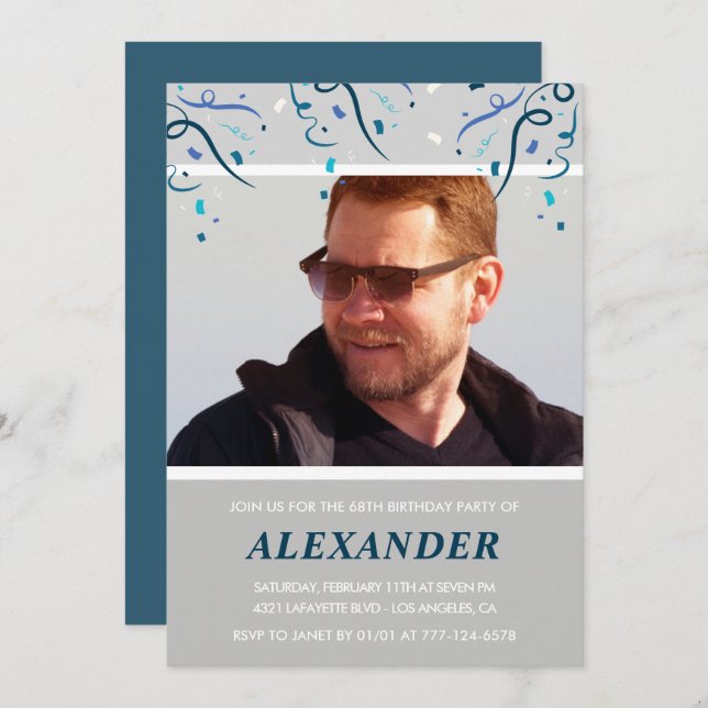 Convite Marinho de fotos Blue Confetti para ele 68 anos (Frente/Verso)
