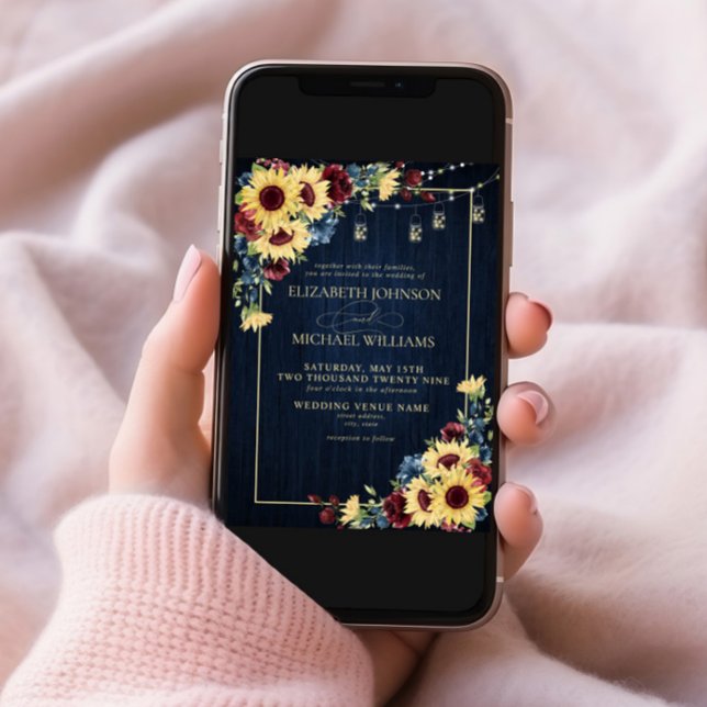 Convite Marinho De Girassol Azul Borgonha Madeira Foto Flo (Criador carregado)