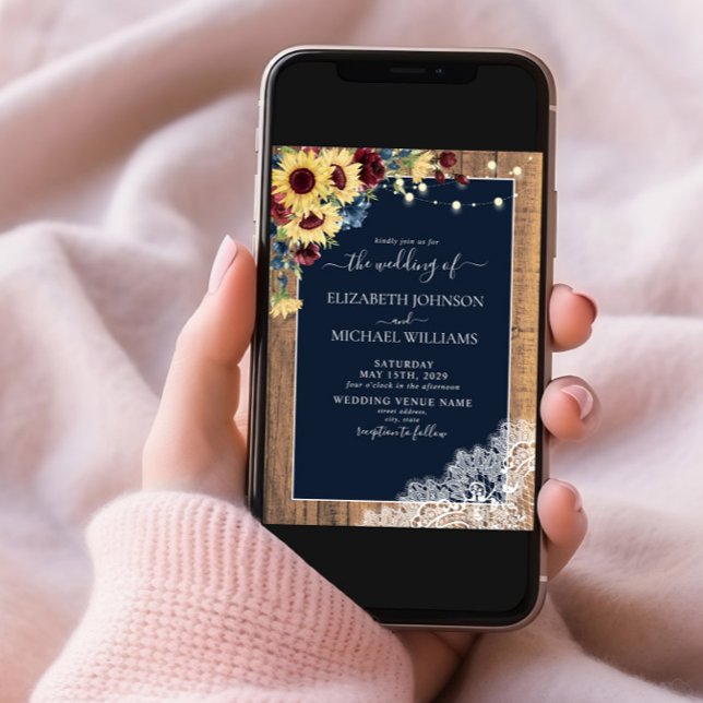 Convite Marinho De Girassol  Azul Casamento De Madeira Inv (Criador carregado)