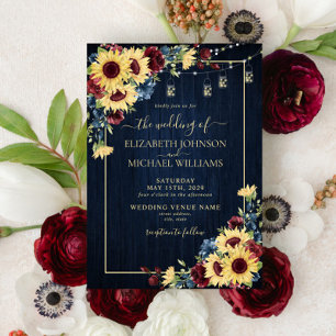 Convite Marinho de girassol Blue Burgundy Casamento Floral